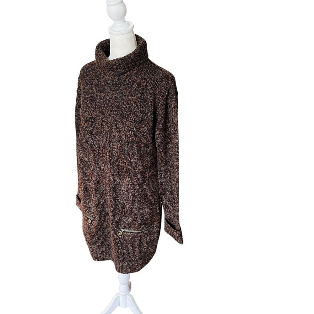 Burberry Brit Brown Marled Knit Tunic Sweater Cowl Neck Zip Pockets Size P - Picture 4 of 8